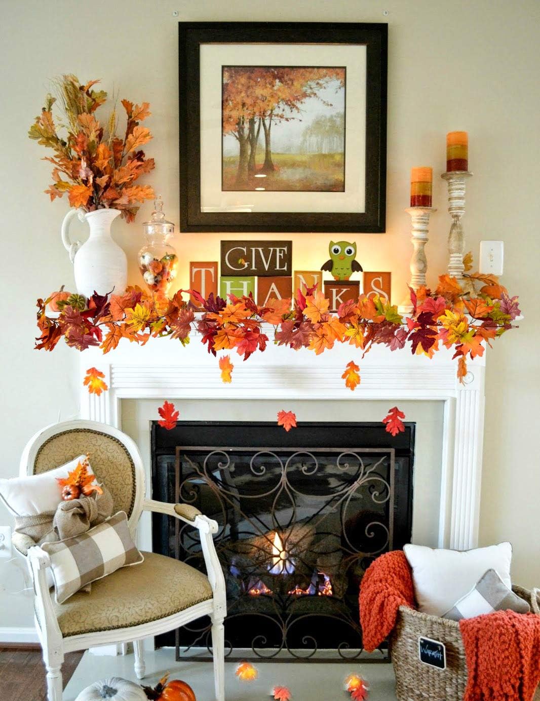 Fall maple garland across a fireplace mantel